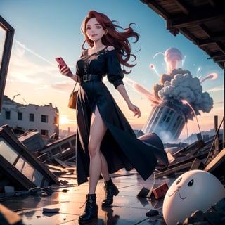 (masterpiece, best quality:1.4), (beautiful, aesthetic, perfect, delicate, intricate:1.2),((atomic explosion in background)), (mass destruction, collapsing buildings, disaster, nightmare, vivid colours), (high contrast), beautiful woman, walking toward camera, headphones on, ((looking at her mobile phone)), smiling, perfect face, eyeliner, long wavy windswept red hair, large_breasts, dressed for summer, depth of field