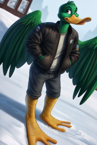 anthro duck, mallard, ((wings)), male, full body, portrait, bill, webbed feet, bomber jacket, winter, Dutch angle, 