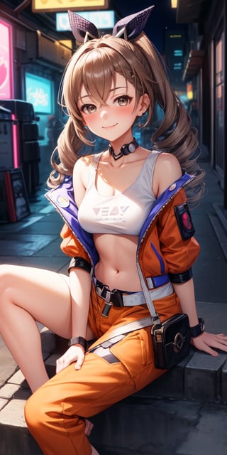 masterpiece, best quality, SilverwolfV5, 1girl, solo, looking at viewer, blush, little breasts, ((orange short jacket, brown tanktop, white pants)), sitting, city alley, steps, night, cyberpunk style, closed mouth, smile, long brown hair, grey eyes, twin_tails, braids