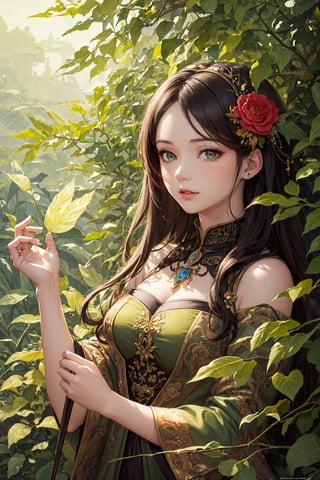 (masterpiece, top quality, best quality, official art, beautiful and aesthetic:1.2), (1girl), extreme detailed,(fractal art:1.3),colorful,highest detailed, fairy, short, brown hair with green reflects, leaves in background