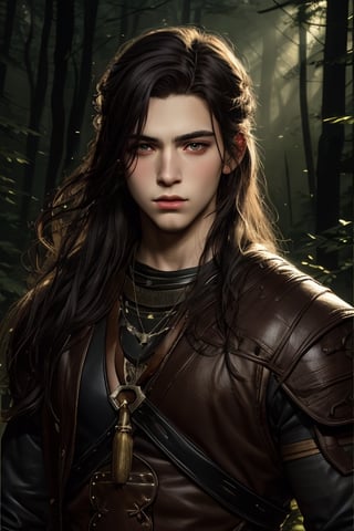 masterpiece, best quality, official art, beautiful and aesthetic),  15 year old boy, black carly long hair, black eyes, black beautiful eyeborws, stoic face, black forest background, glowing eyes and mouth, deep dark forest, ,VikingAlpha