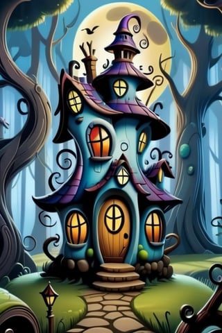 fantasy house in the woods, surrealism, 2D, cartoon style, the style of Disney,sticker,Tim Burton Style