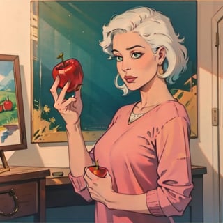 a hand holding out an apple, bright colors,, oil painting, 