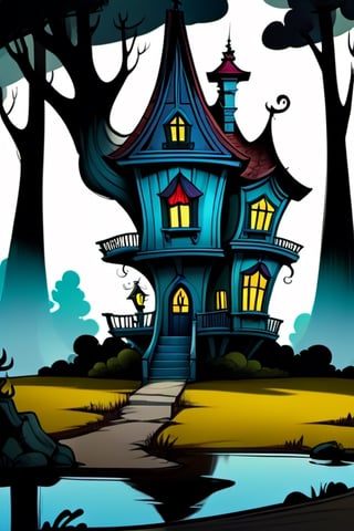 House in the woods, surrealism, 2D, cartoon style, the style of Disney, sticker, Tim Burton Style