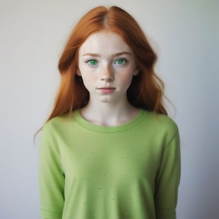 ginger teen girl, green eyes freckled, make it in colors