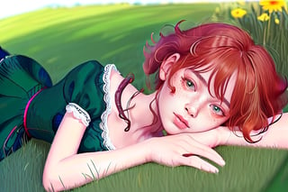 ginger 12 yo girl curly hair 1908 fashion, dark green dress, laying in the grass in an open field 