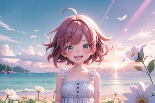 (masterpiece), scenery, sunlight, light rays, light particles, 1girl, petite, open mouth, smile, looking at viewer, sundress, watercolor,1girl, solo, flower, short hair, lips, red hair, upper body, looking at viewer,happy,smile,cute dress,
