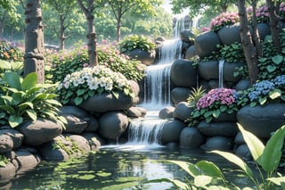 3d,Create a pastel waterfall scene with cascading water in shades of pastel blue and green, surrounded by blooming flowers and lush greenery, 