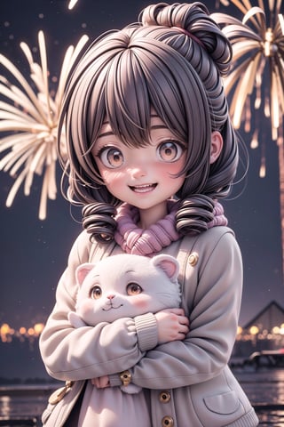 3d,1girl, brown eyes,brown hair,korean,Generate a heartwarming image of a girl sharing warm hugs and smiles at the stroke of midnight, surrounded by the glow of fireworks and the laughter of friends and family, happy, smiling, eye contact viewer,