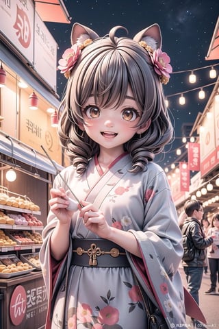3d,1girl, brown eyes,brown hair,korean,Create a picture of a girl organizing a vibrant New Year's street fair, with stalls selling treats, and colorful decorations lining the streets, happy, smiling, eye contact viewer,