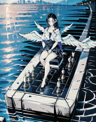 angel playing chess on the sea, water, rainbow, beautiful music notes,BlackworkStyleManityro,fujimotostyle