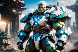 surreal photo of a hulk, blue eyes, white hair, huge breasts, centered, symmetrical, exo-suit, shiny armor, intricate detailed, realistic, full body shot, fujifilm, 8k, HDR, cyborg style best ninja final fansty, 64k sexy body movie, , green eye , perfecteyes, , ike, bookerBS_soul3142 big boob cute face, asian pretty,mecha , background war,mecha