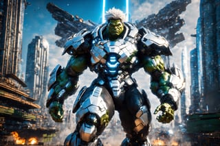 surreal photo of a hulk, blue eyes, white hair, huge breasts, centered, symmetrical, exo-suit, shiny armor, intricate detailed, realistic, full body shot, fujifilm, 8k, HDR, cyborg style best ninja final fansty, 64k sexy body movie, , green eye , perfecteyes, , ike, bookerBS_soul3142 big boob cute face, asian pretty,mecha , background war,mecha