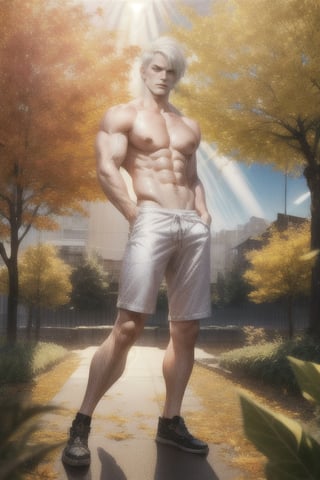 maple trees in the background, sunlight, short white hair, look at camera, serious, adult, muscular, masculine
