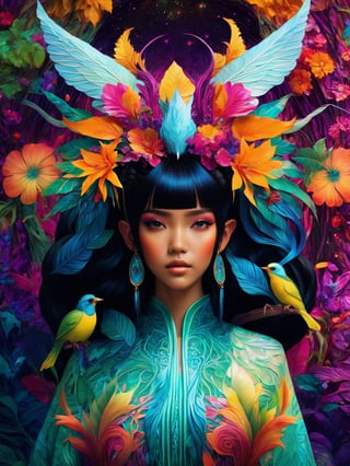 (best quality, 8K, highres, masterpiece), ultra-detailed, fantasy creature with long, flowing black hair fashioned into intricate space buns. In this enchanting scene, she takes on the persona of a mystical forest guardian, surrounded by a breathtaking tapestry of vibrant, iridescent flora and fauna. Her presence radiates an otherworldly aura, and millions of microscopic, shimmering, and multi-colored magical threads emanate from her form, creating a dazzling and vibrant spectacle. The composition showcases her stunningly beautiful silhouette, intricately adorned with luminous plant-like patterns and ethereal creatures, resulting in a vivid and enchanting color palette that transports viewers to a realm of fantastical wonders.