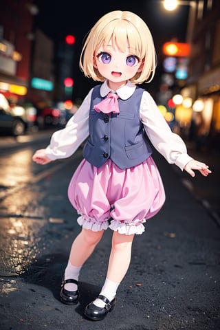1girl, solo, blonde hair, outstretched arms, open mouth, skirt, ribbon, hair ribbon, shoes, underwear, vest, smile, mary janes, ascot, purple eyes, shirt, long sleeves, short hair, bloomers, (best quality, 4k, 8k, highres, masterpiece:1.2), ultra-detailed, (realistic, photorealistic, photo-realistic:1.37), HDR, UHD, studio lighting, ultra-fine painting, sharp focus, physically-based rendering, extreme detail description, professional, vivid colors, bokeh, portraits, landscape