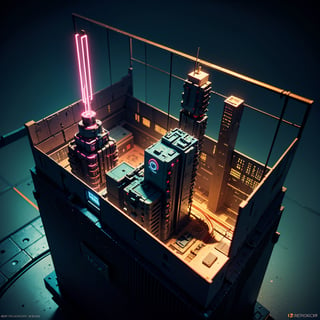 best quality,(masterpiece:1.1),3d,cyberpunk city,futuristic,neon light, isometric view,high resolution,detailed details,simple background,