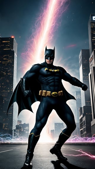 "Generate an image depicting an ultra Sonic-powered version of Batman  in a dynamic and action-packed pose. Show  suit emanating vibrant energy waves, with a futuristic cityscape in the background, highlighting the sheer power and speed of this upgraded superhero."