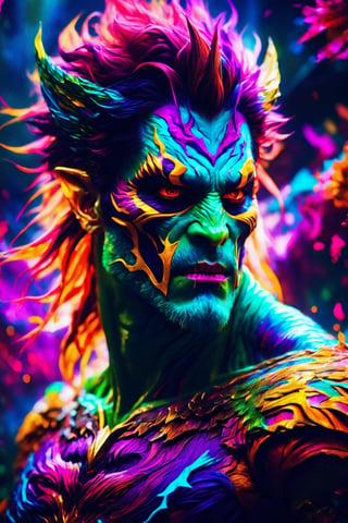 (best quality, 8K, highres, masterpiece), ultra-detailed, (photorealistic, cinematic), illustration painting of a luminous and enchanting bad guy undead/human-like creature with vibrant and dynamic anime-style colors. The creature, with dark, colorful hair, strikes a dynamic pose in a brilliantly lit fantasy realm environment filled with a kaleidoscope of colors. The mid-shot composition and rule of thirds depth of field emphasize intricate details, creating a fantastical realm that bursts with subtle and vibrant colors. The use of light particles enhances the scene's grandeur and awe, making it a stunning visual masterpiece in a double-exposure style. The strong outlines contribute to the scene's cinematic feel, creating a super colorful and visually captivating narrative