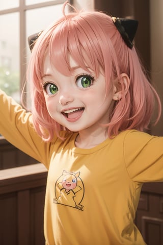 spy x family,  cute tiny, anya forger 1girl, solo, looking at viewer, blush, smile, open mouth, bangs, green eyes, upper body, pink hair, ahoge, :d, teeth, medium hair, upper teeth only, outstretched arms, child, yellow shirt, female child, hairpods, anya (spy x family) spy x family,  cute tiny, anya forger,Epicrealism