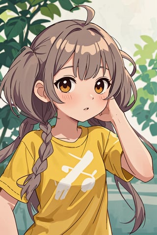 (best quality, 4k, 8k, highres, masterpiece:1.5), ultra-detailed,anime, 1girl,solo,long hair,looking at viewer,blush,bangs,shirt,bow,twintails,brown eyes,very long hair,upper body,braid,ahoge,short sleeves,hair bow,grey hair,parted lips,twin braids,low twintails,t-shirt,yellow shirt,hisakawa nagi