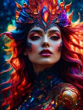 (best quality,8K,highres,masterpiece), ultra-detailed, (super colorful, vibrant), portrait of a ghostly woman with a striking combination of black and red hues. She is surrounded by a radiant and shimmering aura, with intricate motifs of vibrant gold filigree and organic tracery that explode with vivid colors. The composition is perfectly balanced and bathed in a smooth, sharp focus, while sparkling particles of every hue imaginable dance around her. The background resembles a lively and vibrant coral reef teeming with a kaleidoscope of colors. This award-winning photograph captures a surreal blend of realism and fantasy, bathed in natural light. The woman appears as a beautiful robot-metal figure, standing alone in this fantastical and strangely vibrant scene. She is adorned with strange glowing rocks and features incredibly detailed, flowing, and brilliantly colored hair, complemented by medium-length, floating strands. Her skin texture is rendered with such lifelike vibrancy that it seems to come to life in this stunning and super colorful masterpiece