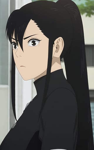 Kaiju No. 8, Mina Ashiro with long black hair standing in front of a window and looking off to the side while wearing a black top