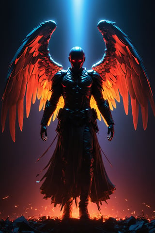 (best quality,4k,8k,highres,masterpiece:1.2),ultra-detailed,(realistic,photorealistic,photo-realistic:1.37),illustration,dark silhouette of a rotten archangel man,ghostly figure,neon lights,light particles,colorful,red,black colors,strong backlighting