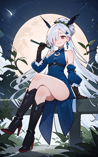 score_9,score_8_up,score_7_up, 1girl,long hair,looking at viewer,smile,bangs,hair ornament,red eyes,gloves,dress,holding,bare shoulders,sitting,very long hair,full body,white hair,thighs,boots,detached sleeves,sky,black gloves,hand up,hair bun,black footwear,hair over one eye,high heels,night,blue dress,leaf,moon,single hair bun,knee boots,crossed legs,night sky,high heel boots