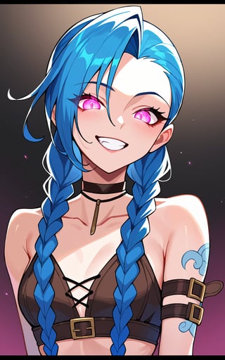 score_9,score_8_up,score_7_up, 1girl,long hair,looking at viewer,smile,bangs,bare shoulders,blue hair,collarbone,braid,teeth,choker,pink eyes,grin,twin braids,gradient background,tattoo,glowing,black choker,letterboxed,portrait,glowing eyes,asymmetrical bangs,brown choker,jinx (league of legends)

