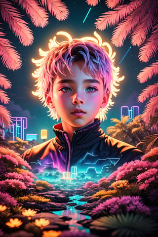 (best quality, 8K, ultra-detailed, masterpiece), (ultra-realistic, photorealistic), A mesmerizing 8K portrait capturing the essence of a solitary boy in a close-up view, his gaze fixed afar, set against the backdrop of a synthwave art style poster. The scene is adorned with lush palm leaves and delicate white flowers, adding an intriguing geometric pattern to the composition. The entire setting is bathed in a neon yellow glow, reminiscent of the synthwave aesthetic, against a dark, starry night sky illuminated by bioluminescent elements. This artwork radiates fortitude and wholesome beauty, inviting you to immerse yourself in its unique and captivating world.