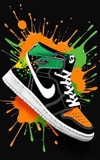 (Artistic bird illustration, high resolution, painted style, colored paint splatters), a [sneakers] depicted in a painted style with dynamic and vibrant paint splatters. The main colors are [orange] and [green], set against a [black] background. The artwork captures the lively essence of the [sneakers] through the use of bold paint splatters, creating a visually striking and energetic composition.