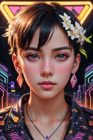 (best quality, 8K, ultra-detailed, masterpiece), (ultra-realistic, photorealistic), A mesmerizing 8K portrait capturing the essence of a solitary boy in a close-up view, his gaze fixed afar, set against the backdrop of a synthwave art style poster. The scene is adorned with lush palm leaves and delicate white flowers, adding an intriguing geometric pattern to the composition. The entire setting is bathed in a neon yellow glow, reminiscent of the synthwave aesthetic, against a dark, starry night sky illuminated by bioluminescent elements. This artwork radiates fortitude and wholesome beauty, inviting you to immerse yourself in its unique and captivating world.