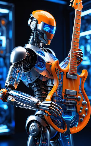 (intricate, ultra high detail, photorealistic, 8K, high-resolution, masterpiece), transparent biomechanical robot playing an electric guitar, visible internal components and circuits, futuristic and sleek design, glowing orange and blue highlights within the robotic structure, realistic reflections and refractions, dynamic pose, clear and minimalistic background, emphasis on mechanical complexity and artistry, advanced technology, high-definition textures, cutting-edge cybernetic aesthetics.