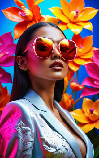 (3D depth effect photography, ultra-high resolution, masterpiece, photorealistic, intricate details), portrait of an exotic woman wearing sunglasses, surrounded by vibrant flowers, neon color palette, glowing and reflective elements, dynamic and immersive composition, vivid and bold colors, futuristic and stylish atmosphere, soft and dreamy lighting, sharp and clear details, modern and edgy aesthetic, high contrast between light and shadows, eye-catching and vibrant background, elegant and captivating expression.