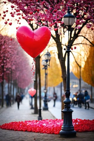 AiArtV,Valentines Day,flower,heart,outdoors,blurry,tree,petals,depth of field,building,scenery,blurry foreground,balloon,lamppost,heart balloon