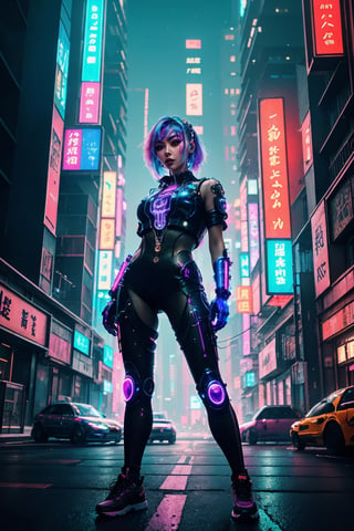 (best quality,4k,8k,highres,masterpiece:1.2),ultra-detailed,(realistic,photorealistic,photo-realistic:1.37),1girl,futuristic outfit,neon samurai,beautiful detailed eyes,beautiful detailed lips,extremely detailed eyes and face,long eyelashes,cyberpunk samurai,cybernetic enhancements,partially cybernetic face,glowing cybernetic tattoos,vibrant colored hair,glowing neon cyberpunk cityscape background,fierce and confident expression,powerful stance,victo ngai cyberpunk style,stylized brushstrokes,rich colors and shadows,dynamic and stylized composition,highly detailed cyberpunk elements,hovering drones,advanced tech weapons and gadgets,cool cyberpunk fashion,glowing neon signs and holograms,futuristic city architecture,towering skyscrapers with neon lights,sharp focus on every cybernetic detail,physically-based rendering,emphasize futuristic materials and textures,accentuate metallic and shiny surfaces,vivid colors,vibrant neon color palette,contrast of bright and dark shades,bokeh effect,soft and glowing light sources,subtle volumetric lighting,creating depth and atmosphere,perfectly blend cyberpunk and samurai elements to create a visually striking artwork.