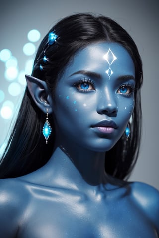 (best quality, 4k, 8k, highres, masterpiece:1.2), ultra-detailed, (realistic, photorealistic, photo-realistic:1.37), blue humanoid avatar with bioluminescent avatar markings dots and patterns on their skin. Pointed elf ears. avatar like hair, hair colour black, sparkling glowing blue eyes, slightly shimmery iridescent blue skin. female, warrior like, magical and mystical, detailed and realistic. Only blue skin tone. Only blue coloured skin. Skin colour all blue.