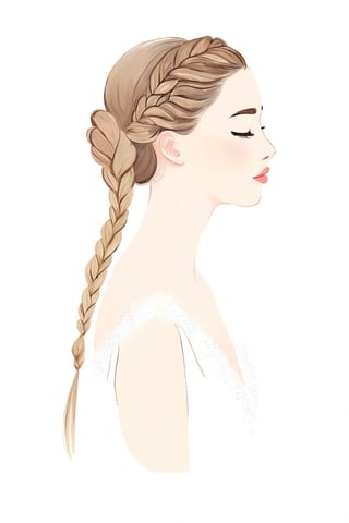 Fashion Illustration, 1girl,solo,long hair,simple background,white background,closed eyes,braid,heart,profile,hair over shoulder,limited palette