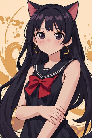 (best quality, 4k, 8k, highres, masterpiece:1.5), ultra-detailed, 1girl,solo,long hair,looking at viewer,blush,bangs,shirt,black hair,bow,jewelry,very long hair,upper body,hair bow,earrings,sleeveless,sailor collar,red bow,black shirt,sleeveless shirt,bell,animal,cat,crescent