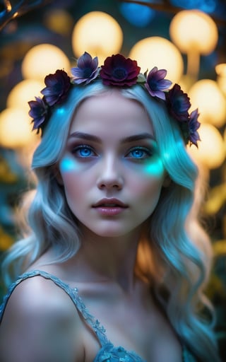 (best quality,8K,highres,masterpiece), ultra-detailed, 1girl with flower crown and icy blue eyes set within a moonlight garden. The scene is characterized by dark shadows and glowing elements, creating a contrast between light and dark. The girl's eyes shimmer with an otherworldly glow, reflecting the moonlight and adding to the ethereal atmosphere of the garden. Bright colors punctuate the scene, drawing attention to the vivid lighting and creating a sense of magic and enchantment. The dark background enhances the contrast, allowing the girl and her surroundings to stand out against the backdrop of the night garden. Feel free to add your own creative touches to further enhance the beauty and mystique of this captivating scene.