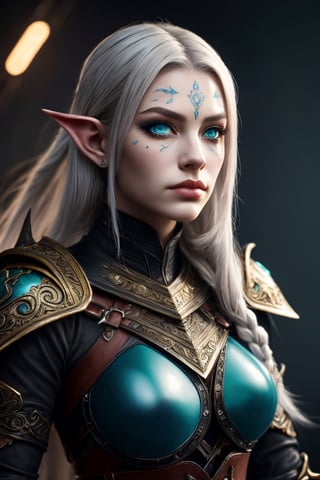 best quality, highres, masterpiece, detailed painting, captivating dark elf, mesmerizing ice blue eyes, delicate white tattoo with intricate dots on her face, long flowing hair in white with wisps of light pink and pale teal, ethereal appearance, leather strapped armor, fierce yet elegant warrior spirit, stunning combination of colors, incredibly detailed image, immersive high-quality resolution, intricate nuances of the dark elf's features, meticulous craftsmanship, attention to detail, brings the dark elf to life, captivates viewers, sheer artistry, brilliance