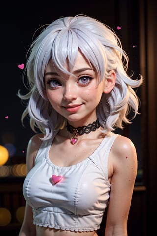 1girl, heart-shaped pupils, fingernails, white hair, purple eyes, (blush:1.1), choker, upper body, trembling, sweat, sweatdrop, heart, (medium breasts:0.6), love, heart, crop top, happy, smile, lace, bokeh, (freckles:0.8), natural skin texture,black and white portrait