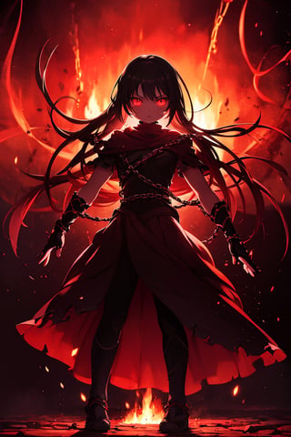 (Anime-style:1.3), (Dark and intense:1.2), A striking anime character, shrouded in shadows and poised for battle, stands against a deep crimson background adorned with menacing chains. Glowing red hollow fire particles dance around the scene, creating an otherworldly ambiance. The unique pastel look adds an ethereal touch to this dramatic and visually intense composition.