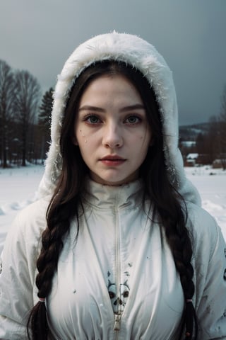 (best quality,highres,masterpiece:1.2),ultra-detailed,realistic, (wintery, snowy),windy (landscape:1.1), (horror, macabre, unsettling), (eerie atmosphere, creepy), (women:1.1, dressed as a snow maiden), (skull:1.1) on her face, (covered in blood), (distorted focus), (haunted), (horror film), (scary, evil)