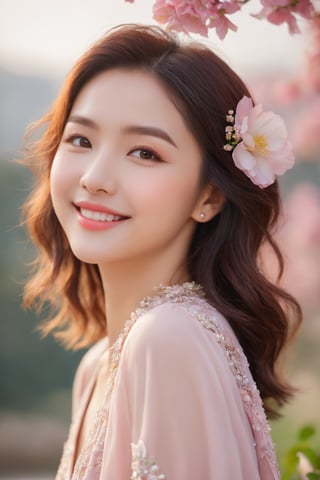 (best quality,4k,8k,highres,masterpiece:1.2),ultra-detailed,(realistic,photorealistic,photo-realistic:1.37),1girl,cute,beautiful detailed eyes,beautiful detailed lips,extremely detailed eyes and face,longeyelashes,Korean-style makeup,glowing skin,flawless complexion,vibrant colors,soft lighting,pastel color palette,playful expression,adorable smile,blush on cheeks,dewy look,feminine appearance,lovely hairstyle,neatly arranged hair,flower hairpin,colorful clothes,stylish outfit,pulling back a strand of hair,image with depth and dimension,soft and airy background,shallow depth of field,bokeh effect,gentle poses,expressive eyes,subtle shadows,sweet and innocent look,positive and joyful mood,warm and friendly ambiance,feeling of youth and charm,simple and clean composition