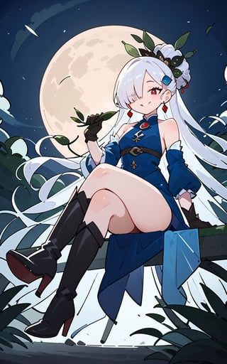 score_9,score_8_up,score_7_up, 1girl,long hair,looking at viewer,smile,bangs,hair ornament,red eyes,gloves,dress,holding,bare shoulders,sitting,very long hair,full body,white hair,thighs,boots,detached sleeves,sky,black gloves,hand up,hair bun,black footwear,hair over one eye,high heels,night,blue dress,leaf,moon,single hair bun,knee boots,crossed legs,night sky,high heel boots