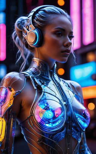 (best quality,4k,8k,highres,masterpiece:1.2), ultra-detailed, (realistic,photorealistic,photo-realistic:1.37), cyborg woman, transparent rib cage made of glass, neon cables, gears inside the glass body, glowing circuits, futuristic mechanical parts, cybernetic enhancements, metallic skin, stunning silver hair flow, piercing eyes, high-tech headset, sleek and angular body, dynamic pose, urban background, neon-lit cityscape, vibrant colors, holographic projections, dramatic lighting