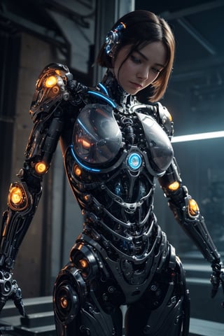 (best quality, 4k, 8k, highres, masterpiece:1.2), ultra-detailed, (realistic, photorealistic, photo-realistic:1.37), (best quality, 8K, highres, masterpiece), hyper-detailed, (photo-realistic, lifelike) medium shot of a semi-cyborg female with biomechanical arms. The cinematic lighting accentuates the intricate details of her cybernetic limbs, creating a visually stunning image that blurs the line between human and machine. This high-resolution masterpiece captures the essence of technological fusion and human beauty.