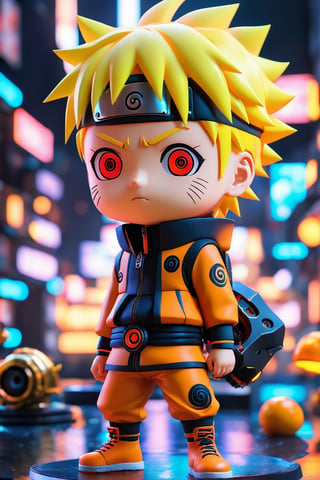 (best quality,8K,highres,masterpiece), ultra-detailed, (cute, Naruto Uzumaki), Naruto Uzumaki in a 3D rendering with a cyborg twist. His body features neon glowing body parts, giving him a mechanical and colorful appearance. Despite the cyborg enhancements, Naruto retains his characteristic cuteness, blending elements of technology and charm in a visually captivating manner.